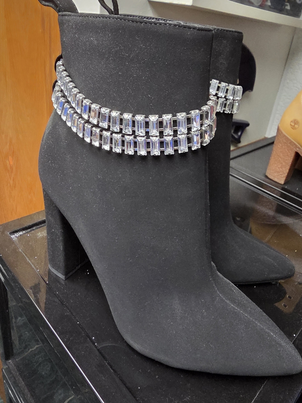 Black Suede Ankle Boots with Crystal Chain Detail